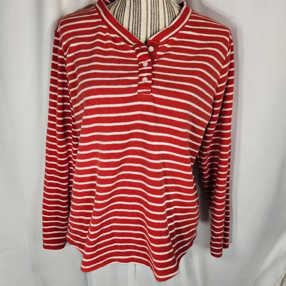 Old Navy Red & White Striped Long Sleeve Soft Three Button Neck Top Size Medium